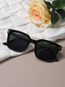 Retro Oversized Square Metal Temple Fashion Glasses, Black Frame Sunglasses Shades For Ladies Women Men Big Face, UV Protection For Summer Driving & Travel - màu đen - Xem 4