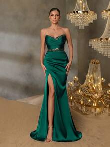Faeriesty 女士无肩带正式晚礼服，褶裥紧身胸衣，侧边高开衩，露背设计，优雅修身，适合盛大晚宴、红毯活动、周年庆典、豪华音乐会和新年派对等场合。 - 墨綠色 - 查看 5