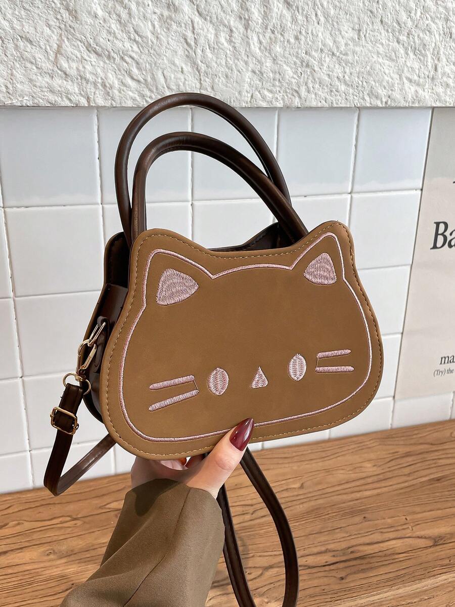 1 pieza Bolso de mujer con diseño de bordado de dibujos animados en color marrón, bolso de hombro y bandolera, nueva llegada de invierno - Marrón - Ver 1
