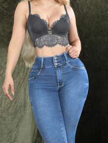 大码女式浅蓝色高腰三扣修身牛仔裤，褪色渐变设计拉长腿部线条，复古明线缝制紧身裤，休闲度假春季款 - 中等水洗藍 - 查看 6