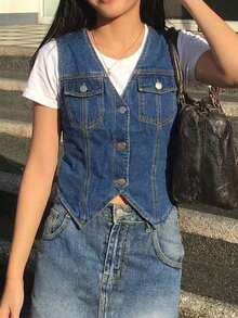 Cropped Denim Vest, Vintage Fitted Cotton Women Jacket - Dark Wash - View 5