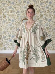 1 件女士休闲波西米亚风花卉印花连衣裙，街头时尚波西米亚风格度假连衣裙，适合西装、音乐节、沙滩装