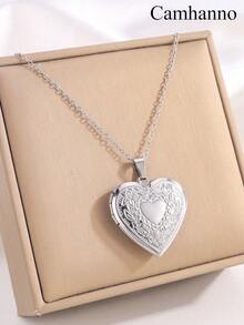 Camhanno 1件复古优雅不锈钢爱心相框项链，金色奢华百搭爱心吊坠，日常佩戴，节日礼物，生日礼物 - 彩色 - 查看 9
