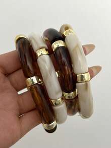 4pcs/Set Vintage Minimalist Elegant Resin Acrylic Brown Elastic Bracelet Set For Women, Suitable For Daily, Party, Valentine's Day, Dating, Holiday Gift, Stackable, 2026 New Arrival - Multicolor - View 4