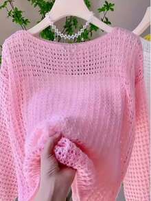 Loose Knit Sheer Cover Up, Women's Oversized Boat Neck Long Sleeve Lightweight Hollow Out Knit Cover Up For Spring/Summer Vacation - Pink - View 4