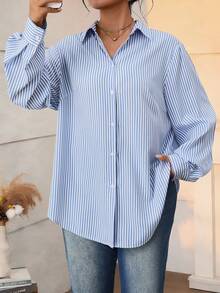 Áo sơ mi nữ cỡ lớn tay dài kẻ sọc cài một hàng khuy, kiểu dáng thường ngày, thích hợp cho kỳ nghỉ. - Màu xanh lam - Xem 4