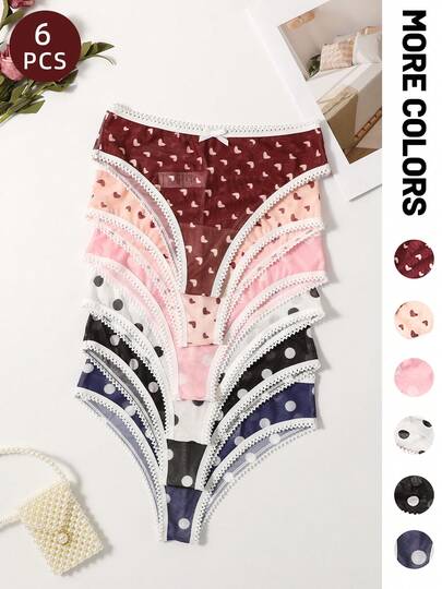 6条/包 - 爱心波点女士内裤：甜美活泼的印花蕾丝蝴蝶结设计，面料柔软，日常居家穿着舒适