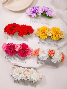 1pc Women's Faux Fabric Solid Color Flower Hair Comb, Fashionable Shiny Rose Greenery Hair Clip Side Comb, Suitable For Summer Beach Vacation, Autumn Decoration, School Supplies - Multicolor - View 4
