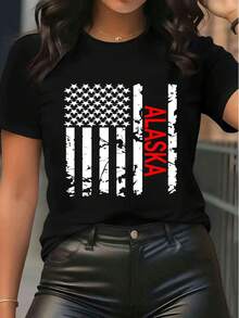 T-shirt casual a maniche corte con scollo rotondo, grafica della bandiera americana e dell'Alaska, stile consumato, adatta per uso quotidiano - nero - Visualizzare 1