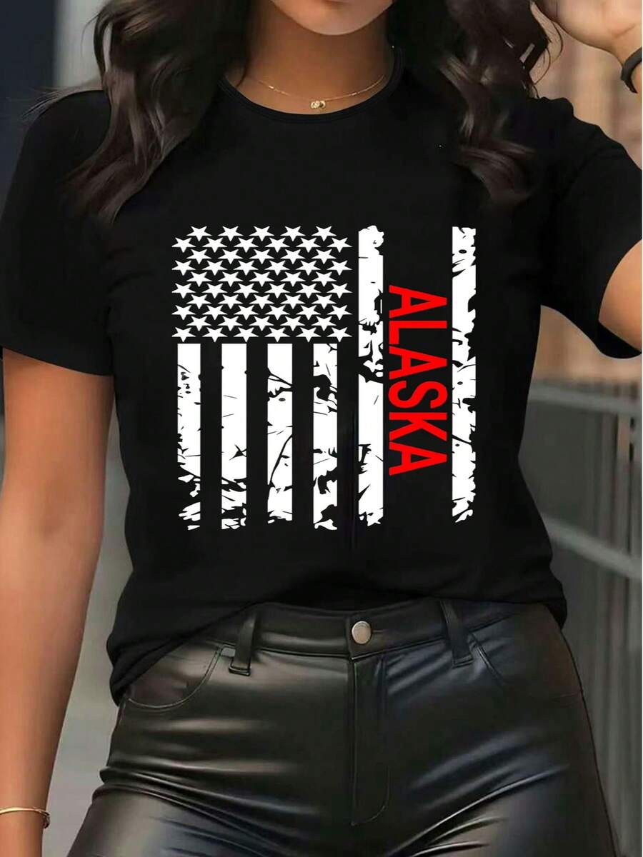 T-shirt casual a maniche corte con scollo rotondo, grafica della bandiera americana e dell'Alaska, stile consumato, adatta per uso quotidiano - nero - Visualizzare 1
