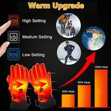 一双可充电加热手套，冬季电热手套，配备两节4000mAh可充电电池，防水保暖PU皮手套，3种加热模式和自动温度控制，灵活触屏工作手套，男女通用户外骑行、摩托车、狩猎、滑雪、徒步、露营、钓鱼等冬季运动保暖手套，圣诞礼物