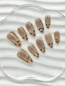 10片手工制作的杏仁形中号美甲贴片，棕色，3D美甲装饰，法式豹纹图案，包含3个美甲工具、美甲胶水和配件，适合女性和女孩在派对、旅行、日常佩戴、夏季、度假、音乐节等场合使用。 - 彩色 - 查看 3