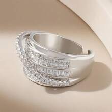 925 Sterling Silver Cubic Zirconia Geometric Multi-Layer Sparkling Luxury Elegant Open Ring, Suitable For Daily Wear, Parties, Gatherings, Holidays, Gift For Lover, Friend, Family - Silver - View 7