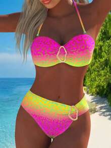 Ombre Leopard Print Backless Halter Split Bikini Set, Suitable For Beach, Vacation Swimwear - Gradient Rose Red and Yellow - View 8