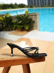 Sandalias de mujer tipo mule, estilo hada con unicolor, punta cuadrada, tacón fino, tira cruzada, sandalias de tacón alto - Negro - Ver 5