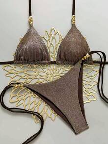 Women's Shimmery Two Pieces Swimsuit Set Open Back Strappy Vacation Beach Casual - Brown - View 1