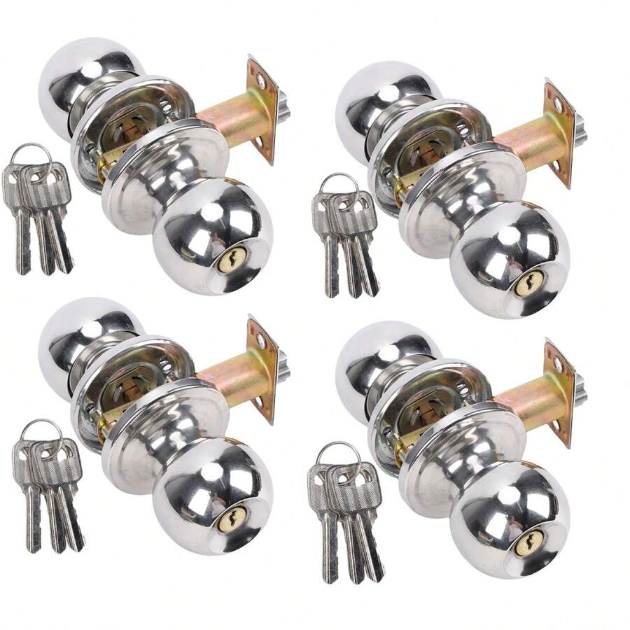 4 piezas perilla de puerta con llave para puerta de recámara con llaves, perilla de puerta de acero inoxidable con cerradura y llave, manija de puerta de bola con llave con cerradura y llave - Plateado - Ver 1