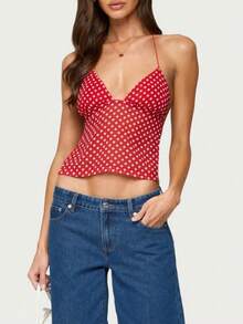 Womens Sexy Backless Halter Top Y2k Polka Dot Print Spaghetti Strap Sleeveless Deep V Neck Tie Back Cami Tank Tops Mesh See Through Camisole Crop Tops Summer Cute Going Out Tops Party Club Beach Vacation Streetwear - 紅色 - 查看 3
