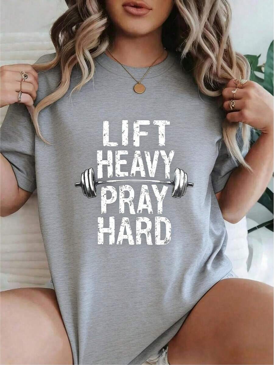 % Cotton Lift Heavy Pray Hard Jesus Gym Weightlifter Deadlift Women Graphic T-Shirt Cotton Print Short Sleeve Casual Top, Summer Tee Womens Tops2025 - Xám - Xem 1