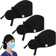 HETIE 3 Piezas Gorros Quirurgicos Mujer, Sombrero de Trabajo para Mujer Ajustable, Bolsa de Cola de Caballo con Lazo en La Espalda Adecuado para Trabajar, Cuidar y Cocinar - Talla Única-XL + black - Ver 2