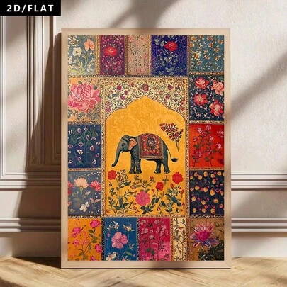 1幅东南亚风格大象图案装饰画，结合泰国传统图案和多色拼接设计，帆布海报、图片、墙面装饰画，适用于餐厅、咖啡馆、卧室、客厅、书房装饰（无框/有框）