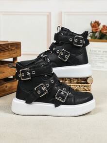Men's Personalized Fashion Rock-Style High-Top Sneakers, Combining Laces And Buckles, Thick-Soled Men's Shoes, Wild And Stylish Multifunctional Outdoor Travel Hiking Boots, Casual Boots, Daily Wear, Holiday Gifts - Black - View 2