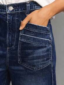 Women's New Fashion Pocket Design Casual Vintage Loose Fit Wide Leg Jeans,Straight Leg Long Denim Pants, Easily Adjusts Leg Shape, Elongating And Slimming, Suitable For Work Commute, Casual Daily Wear - 深藍 - 查看 5