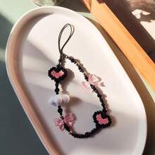 Beaded Phone Charm Y2K Kawaii Handmade Acrylic Phone Lanyard Wrist Strap For Camera Bag  Keychain Charm Pink Black Heart And Bow - 27-粉紅黑心蝴蝶結 - 查看 6