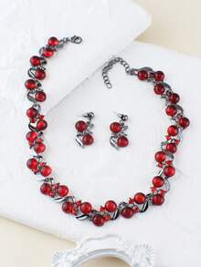 Bộ trang sức 3 món sang trọng dành cho nữ, đính pha lê đỏ, gồm dây chuyền và bông tai, mạ vàng, thích hợp cho tiệc tùng, đám cưới, làm quà tặng cho bạn gái, mẹ. - Xem 5