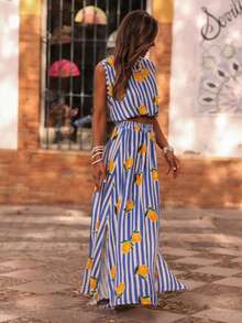 Bộ đồ ZIMO gồm áo không tay và chân váy maxi xẻ tà cạp chun kiểu Bohemian in họa tiết chanh, cổ tròn, chất liệu vải dệt in sọc chanh, trang phục thường ngày cho kỳ nghỉ hè. - Màu xanh lam - Xem 5
