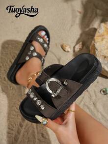 Solid Color Rivet Decor New Fashion Metal Buckle Decor Open Toe Platform Slide Sandals, Comfortable Versatile Beach Slippers Suitable For Daily Wear - Coffee Brown - View 2