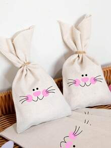 1/2/4pcs Easter Candy Bags With Drawstring, Rabbit Pattern Gift Bags, Rabbit Theme Party Favor Bags, Linen Small Pouches, Party Supplies, Suitable For Cookies, Candies, Chocolates, And Treasure Hunt Items - Beige - View 6