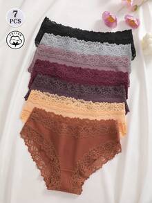 7pcs/Set Solid Color Cotton Lace Patchwork Ribbed Sexy Romantic Comfortable Low Waist Women's Triangle Panties - Multicolor - View 4