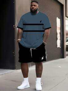 Men's Casual Street Style Sports Set - "Striped Plaid Lightning" Pattern Design, Polyester Knit Fabric, Round Neck, Drawstring Shorts, Pockets, Regular Fit, Plus Size - Multicolor - View 1