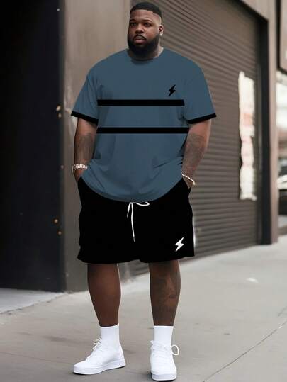 男士休闲街头风运动套装 - “条纹格子闪电”图案设计，涤纶针织面料，圆领，抽绳短裤，口袋，常规版型，大码可选
