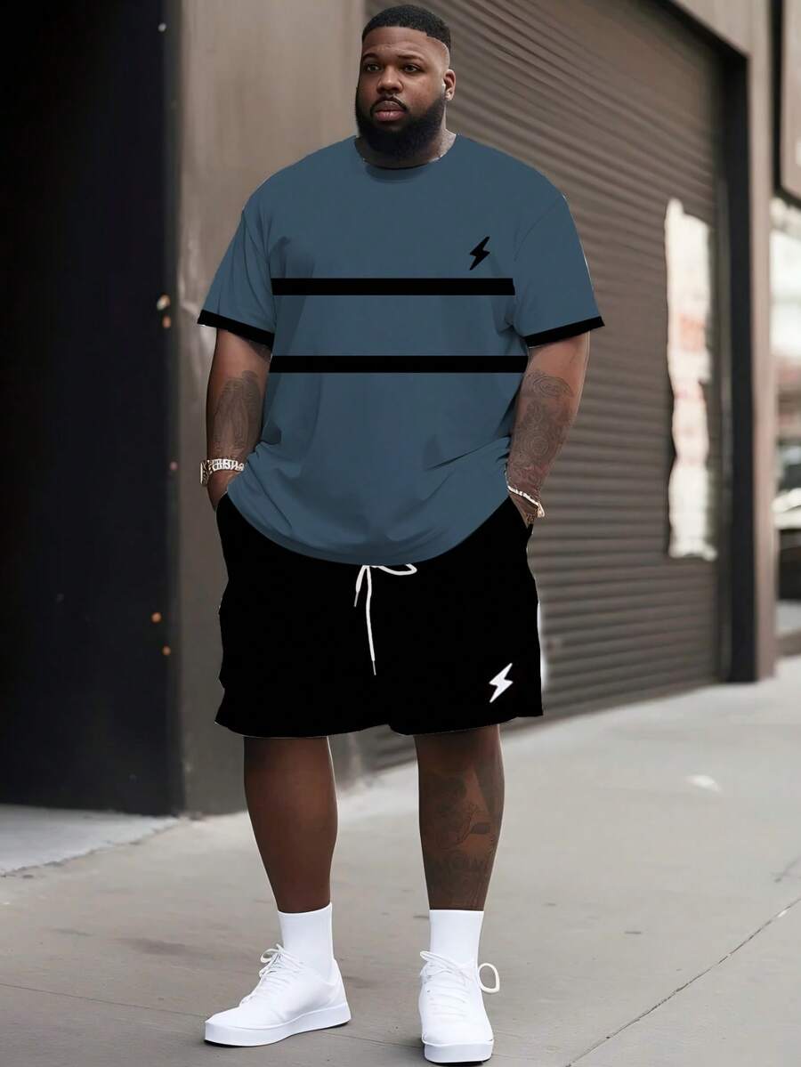 Men's Casual Street Style Sports Set - "Striped Plaid Lightning" Pattern Design, Polyester Knit Fabric, Round Neck, Drawstring Shorts, Pockets, Regular Fit, Plus Size - Multicolor - View 1