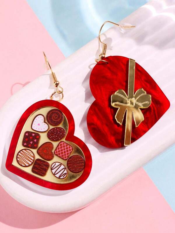 1 Pair Valentine's Day Casual Cute Fashion Simple Personalized Creative Heart-Shaped Chocolate Gift Box Bow Earrings Set, Women's Jewelry Gift, Daily Wear