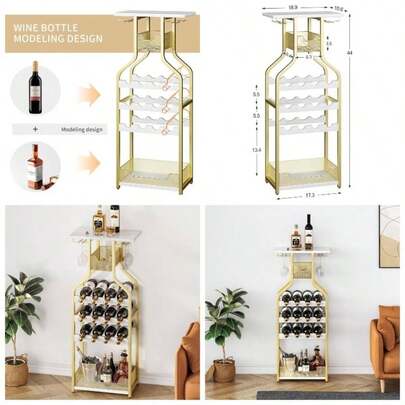 Metal Wine Rack Wine Bottle Holders Cabinet Freestanding, Rack Table Wine Storage Organizer With Glass Holder Wooden Tabletop Bar Kitchen Dining Living Room - Gold