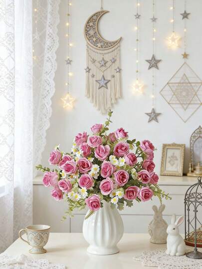 1束11.41英寸人造玫瑰花束，搭配野生菊花和桉树叶，适用于家居装饰、花园装饰、墙面装饰、卧室装饰、婚礼装饰、餐桌装饰、派对装饰、生日装饰、室内外装饰、情人节礼物、罗摩节装饰、春季装饰等。