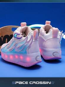 青少年轮滑鞋，带轮鞋，四轮轮滑鞋，小型四轮鞋，带LED充电发光功能的鞋子 - 粉色 - 查看 7