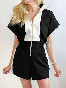 Acelitt Black Contrast Collar Zipper Romper - Black - View 3