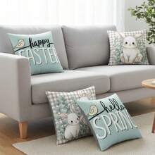 Fundas de almohada con diseño de conejito de Pascua, creativas y suaves fundas de cojín de primavera para decoración de fiestas en el hogar. - Azul - Ver 4