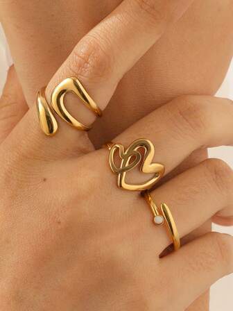 3 st/set moderiktiga INS chica minimalistiska pläterade guld rostfria stål geometriska hjärtformade justerbara ringar, lämpliga för kvinnor dagligen, fest, dejtkläder