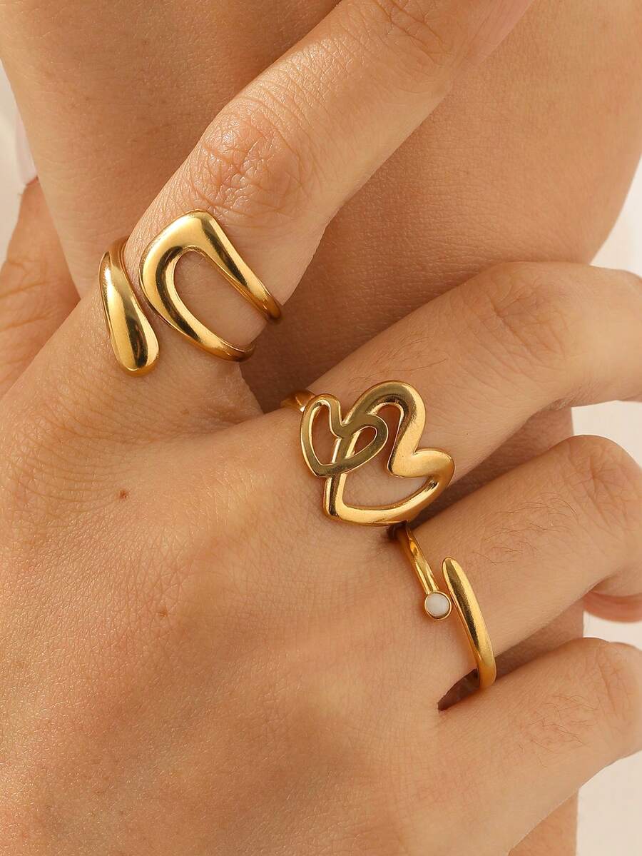 3件套 时尚INS风简约镀金不锈钢几何心形可调节戒指，适合女性日常、派对、约会佩戴