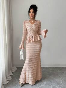 Bộ trang phục nữ thanh lịch màu trơn có họa tiết, kiểu Ả Rập, gồm áo và chân váy, thích hợp cho mùa hè, kỳ nghỉ, ngày Valentine, dự tiệc sang trọng, đám cưới, sinh nhật. - Hồng - Xem 7