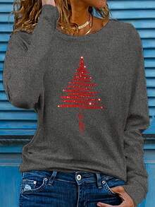 Gradient Red Shiny Christmas Tree Fusion Faith Letter Print Casual Comfortable Versatile Long Sleeve T-Shirt Suitable For Travel Vacation Leisure Sports Daily Commute - Casual T-Shirts 2026 -  Vacation Outfits Women - Spring Tops - 深灰色 - 查看 12