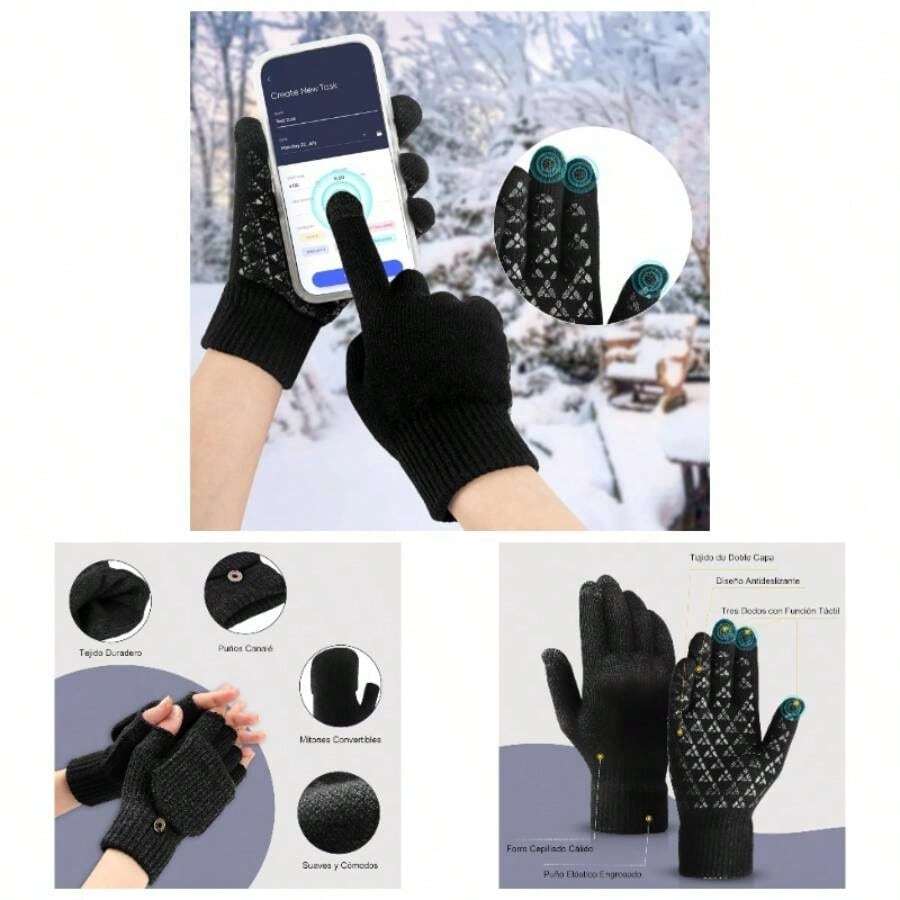 2 Pares Guantes de Invierno, Guantes Pantalla Tctil para Fro Antideslizante, Guantes Convertibles Sin Dedos Elstico con Funda, Yostyle Guantes Trmicos de Tejido para Mujeres y Hombres - inicial - Ver 1