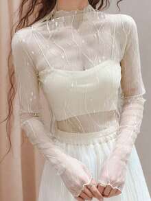 高领透视网纱罩衫，性感轻薄打底衫，饰有树枝纹理刺绣，长袖上衣 - 白色 - 查看 8