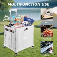 35 KG Folding Shopping Trolley With Lid Collapsible Utility Cart For Storage Laundry Sports And Crafts Portable Boot Cart Box With Telescopic Handle Multipurpose Rolling Organiser White