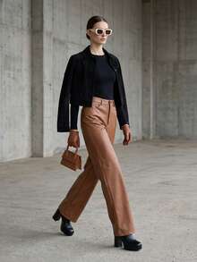 High Waist PU Leather Pants - Rust Brown - View 6